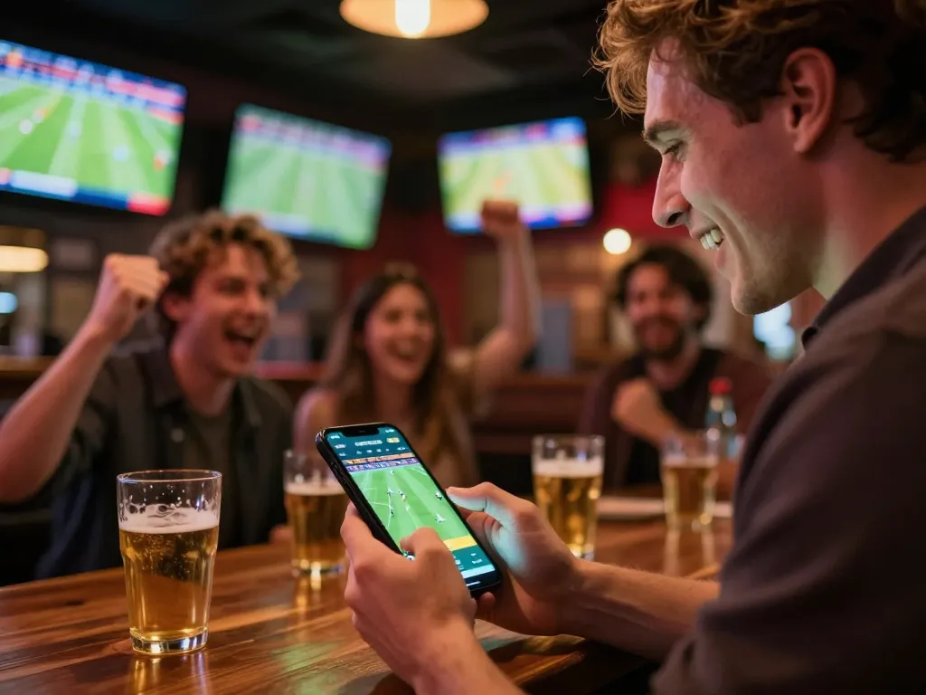 Engaging sports betting experience at the lively sports bar, using a mobile app for trang cá cược bóng đá.