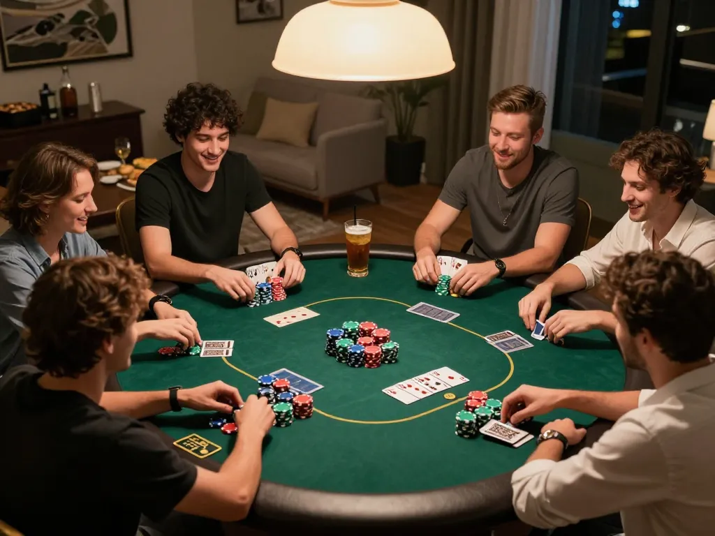Players enjoying a thrilling poker night at home on ALO8, showcasing chips and cards amid laughter.