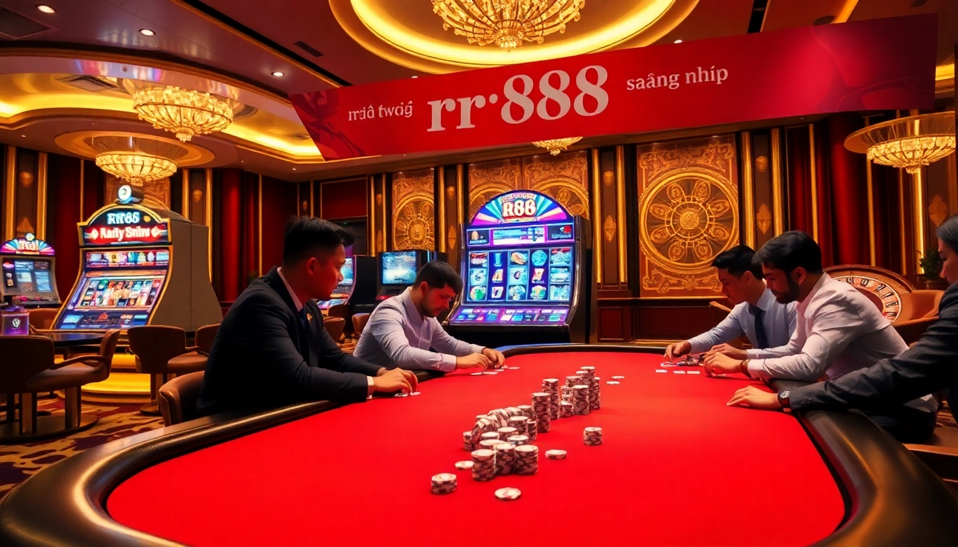 Exciting scene at a casino with players engaged in poker while rr88 đăng nhập banners invite gamblers.