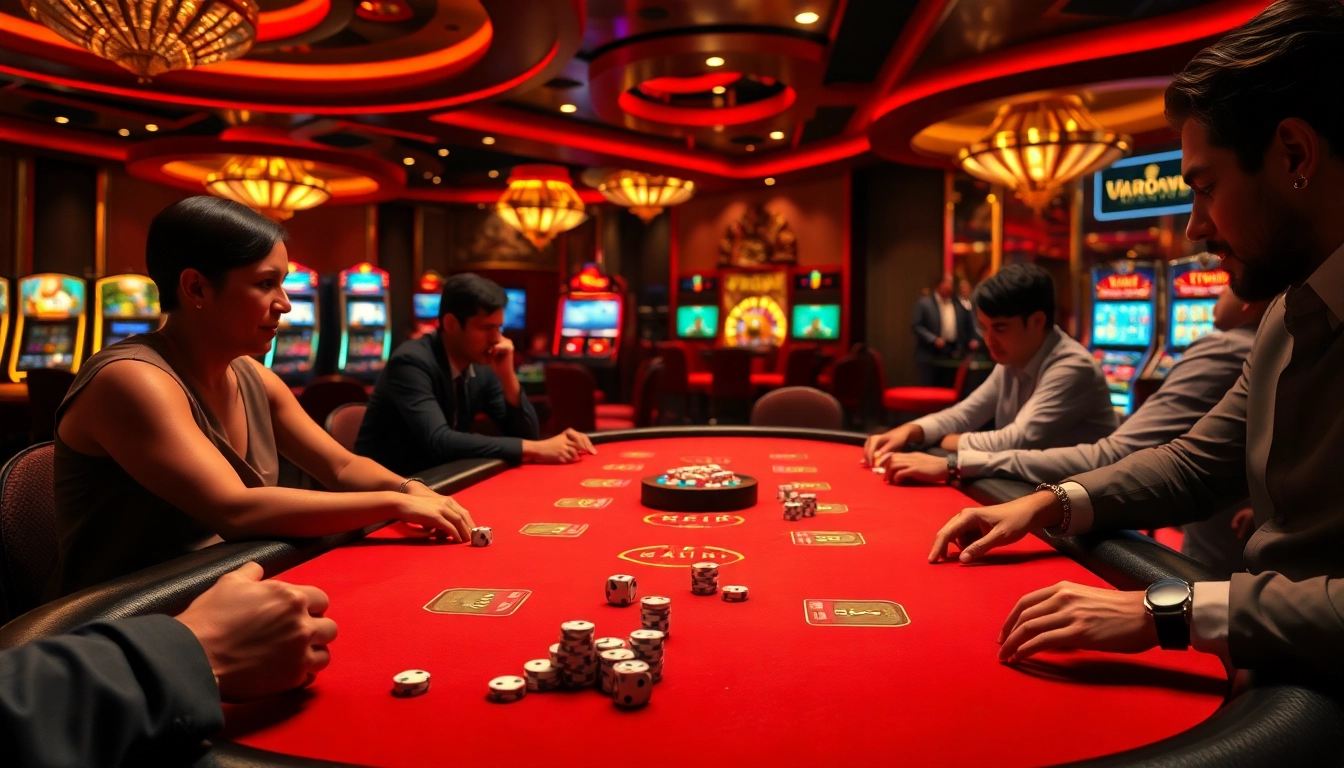 Engaging poker players at a luxurious casino, showcasing vibrant gaming elements from https://xoilac.review/.