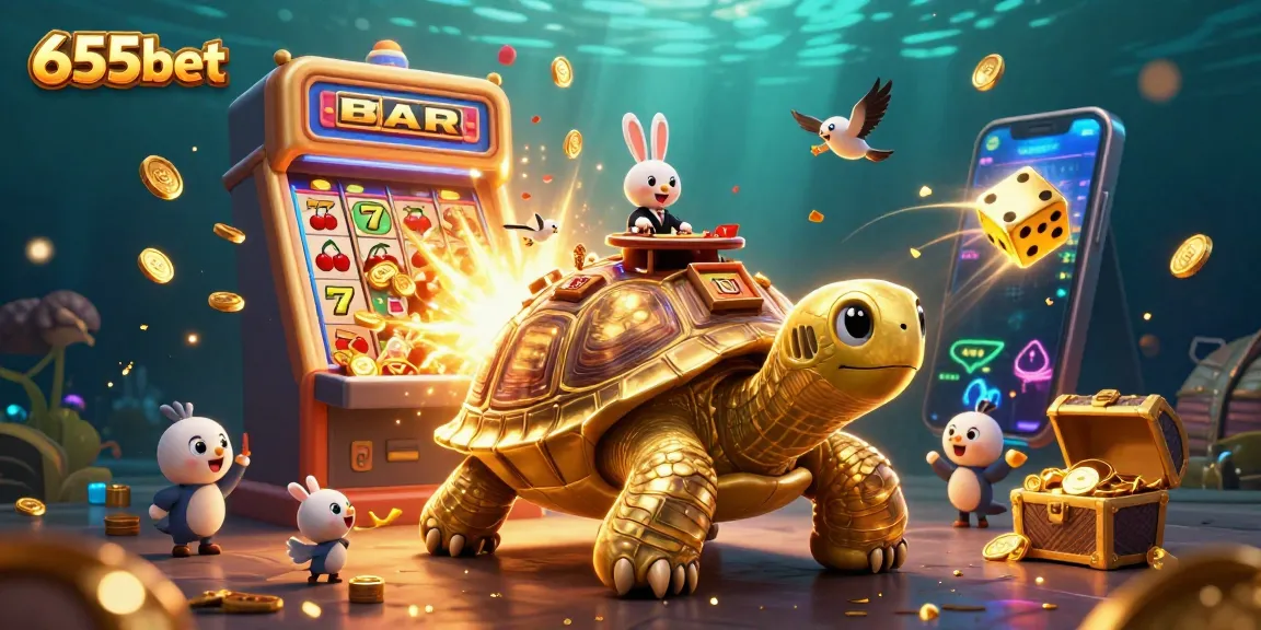 Experience the excitement at 655bet with a thrilling casino scene featuring a golden tortoise and jackpot explosions.