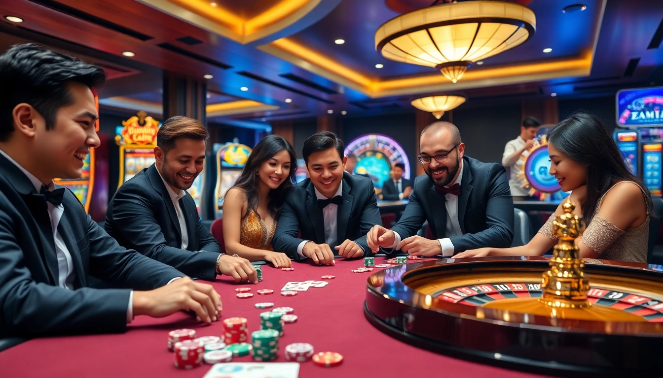 Experience the excitement at Nhà cái S8 with engaged players at a luxurious casino gaming table.