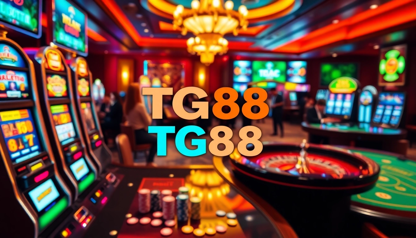 Exciting gaming atmosphere at TG88 casino with vibrant slot machines and poker tables.