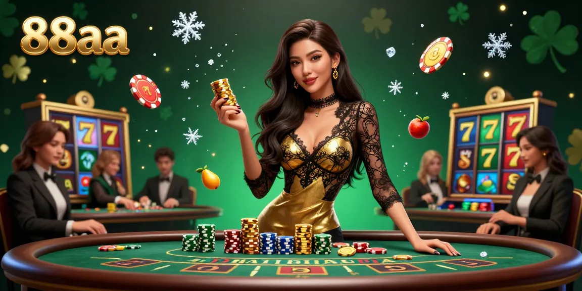 The 88aa gaming scene showcases a glamorous baccarat setting with a confident Asian woman and vibrant slot elements.