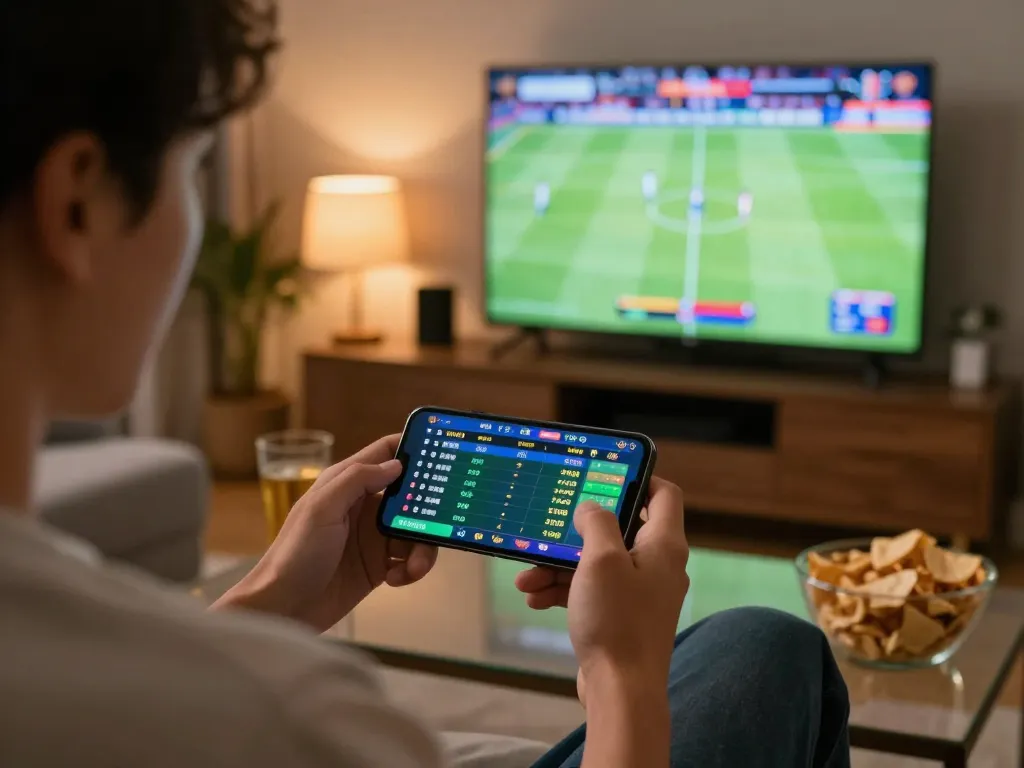 Placing live bets on https://f168biz.com/ using a smartphone in a cozy living room atmosphere.