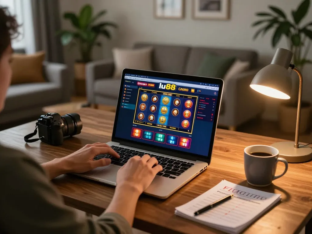 lu88 player strategizing on laptop with vibrant online casino games in a cozy home setting