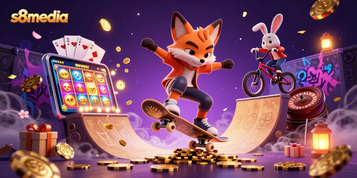S8media players engage in thrilling action with a skateboarder fox and BMX-riding rabbit surrounded by gambling elements.