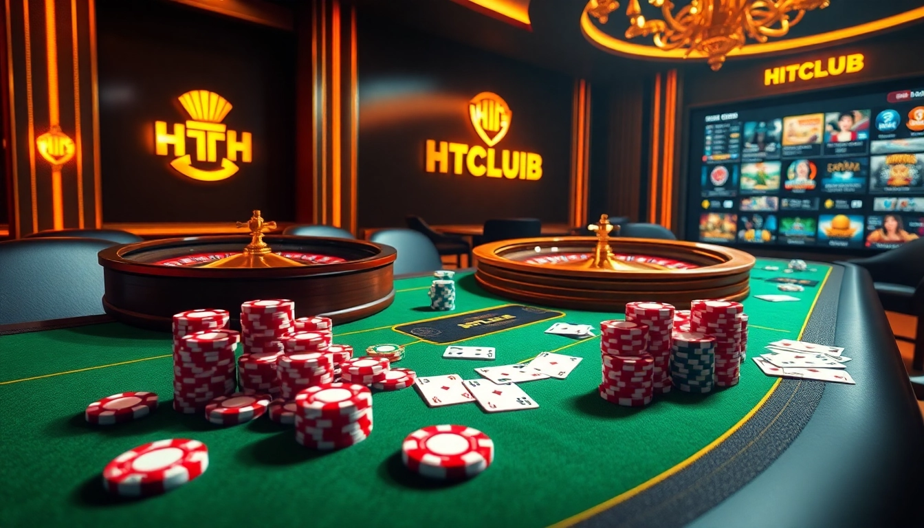 Engaging scene of HITCLUB online casino with poker chips, cards, and roulette wheel.