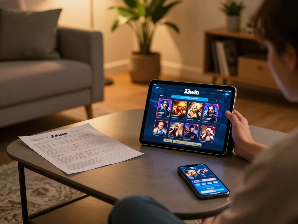 Engaging in strategic online gaming on 33win's app at cozy home setup.
