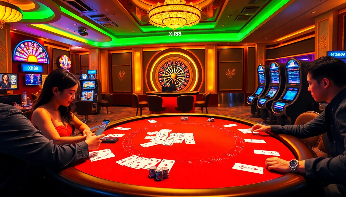 Xin88 players strategizing at a luxurious poker table in an exciting casino environment.