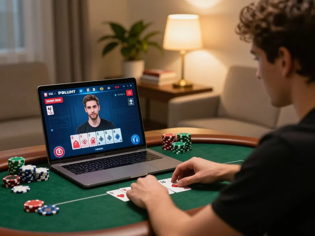 BCX88 player engaging in an online poker game at home, showcasing strategy and excitement in a cozy setting.
