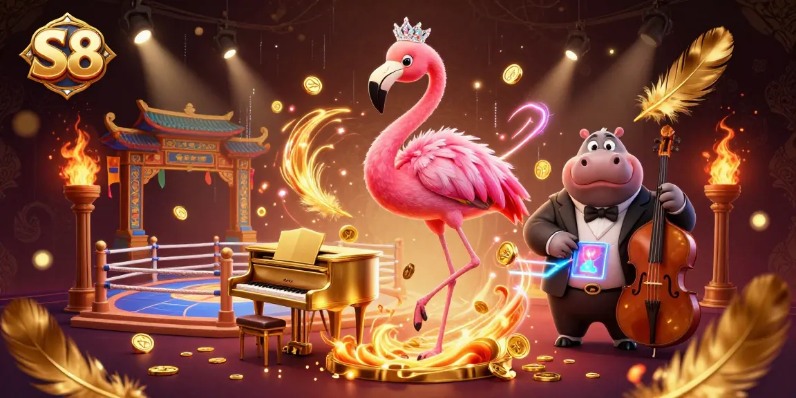 S8 offers thrilling gaming experiences with a spectacular flamingo performer and hippo bassist in a dynamic casino scene.