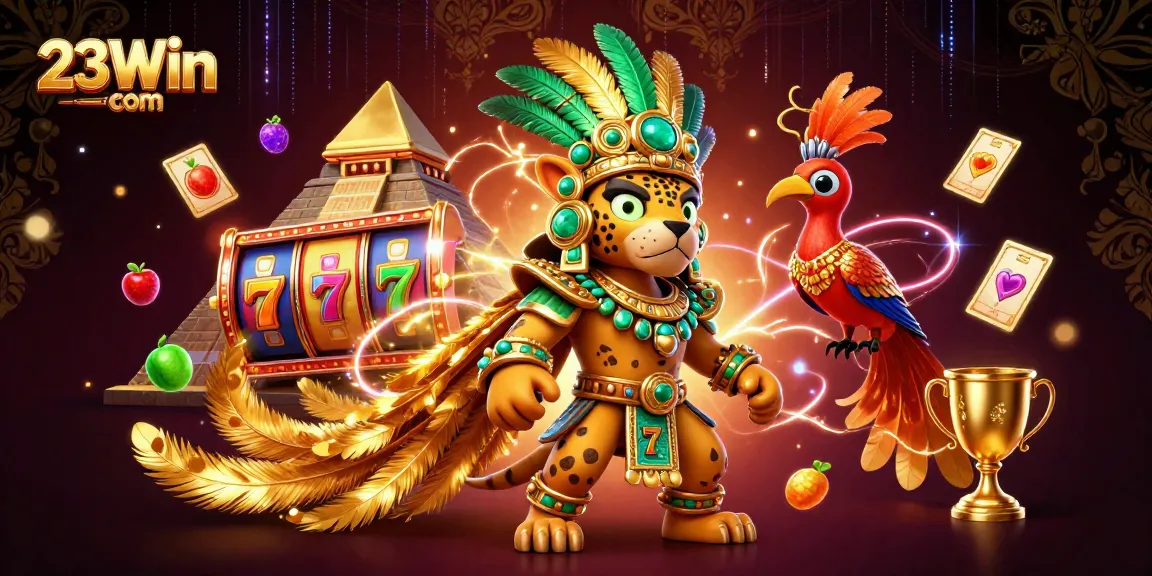 Engage with the thrilling world of 23Win com as Mayan jaguar and quetzal bird explore a vibrant jackpot scene.