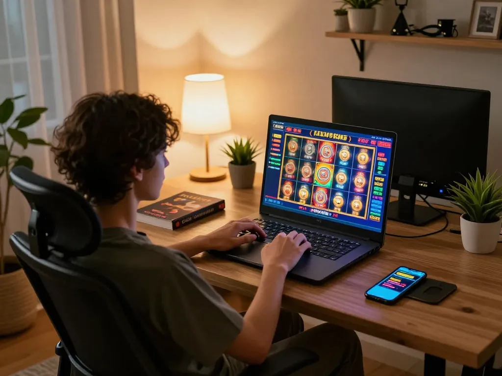 Engaging player using laptop for online gaming at https://ea77.lat/ showcasing colorful slot game interface in cozy home.