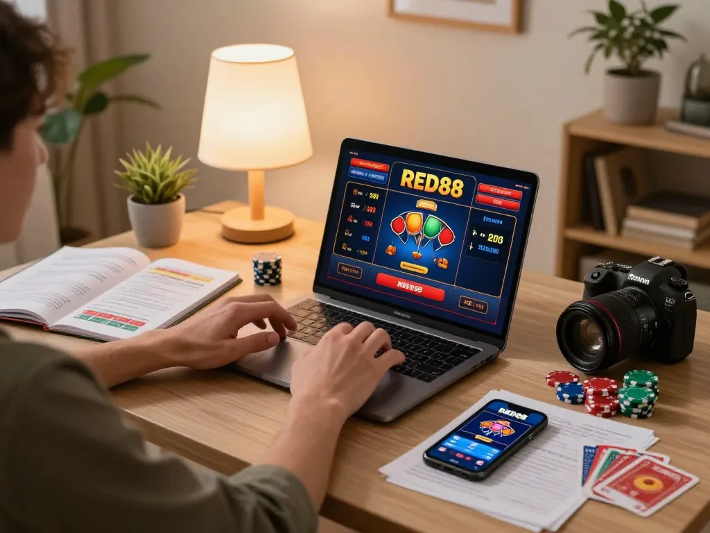 Engaging in RED88 online casino gameplay with betting strategies in a cozy home setting.