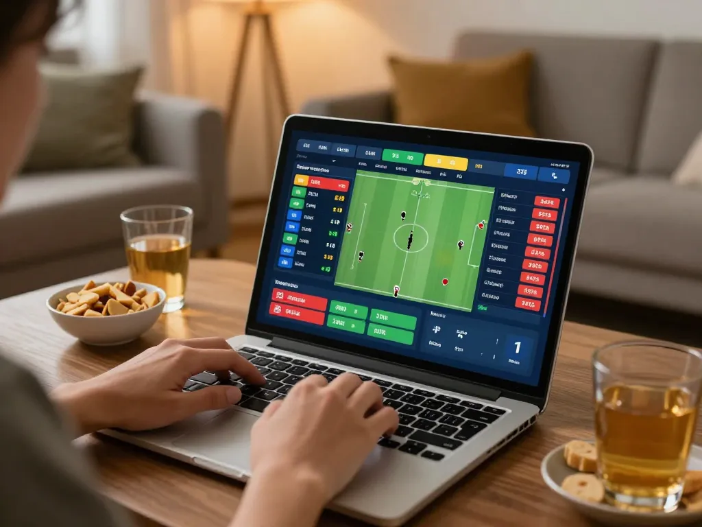 VIN88 sports betting action with a user engaged on a laptop in a cozy home setting