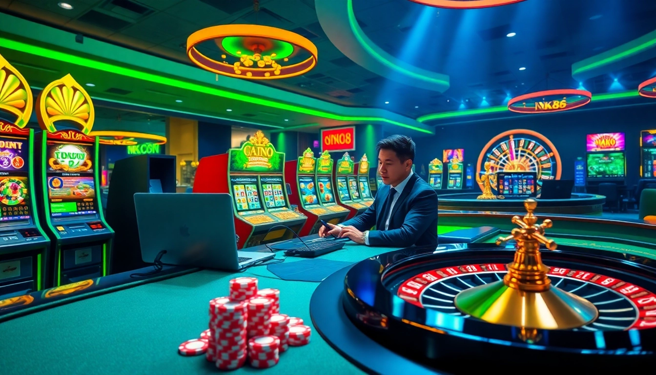 Experience the thrill of nk88 game with vibrant casino visuals showcasing slot machines and poker action.