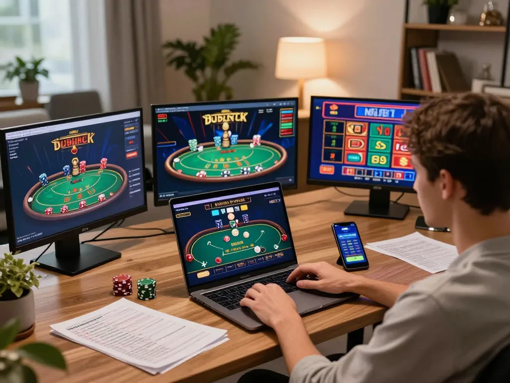 Engaged gambler using rik88 casino app on laptop and smartphone in sleek home setting.