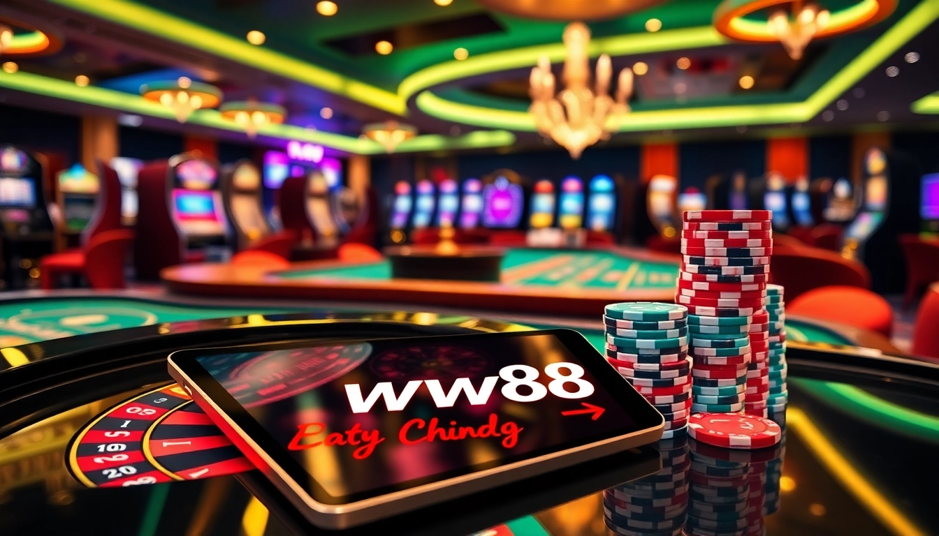 ww88 casino gaming scene with roulette wheel, poker chips, and tablet interface