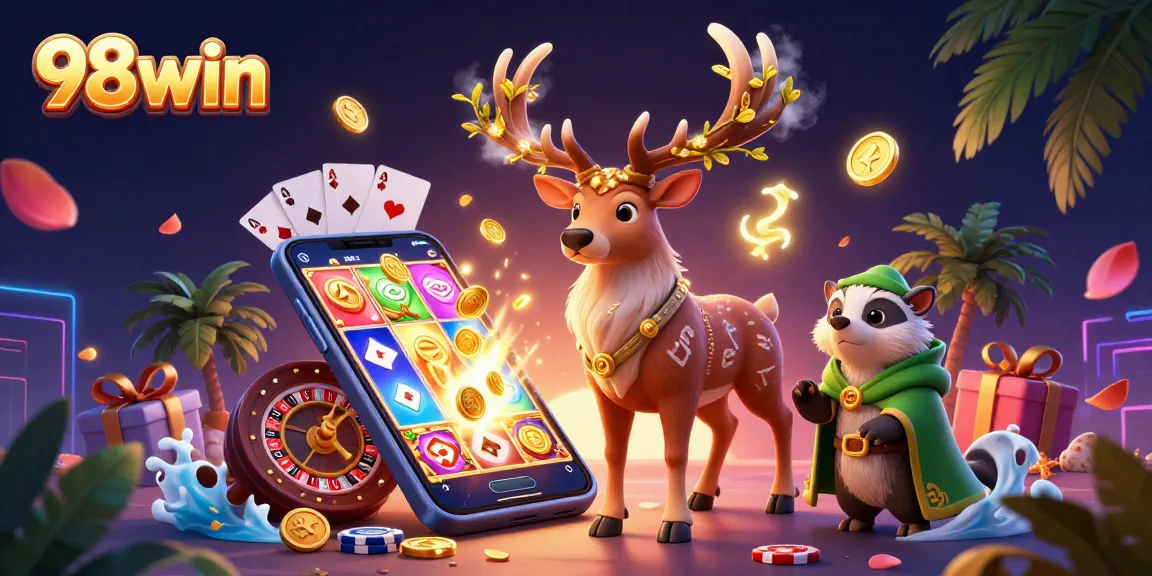 Engage with 98win's vibrant casino experience featuring dynamic game elements and enchanting characters.