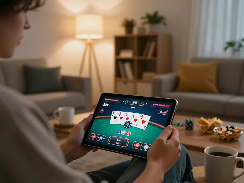 Engaging gameplay on go88 platform showcasing online poker in a cozy home setting.