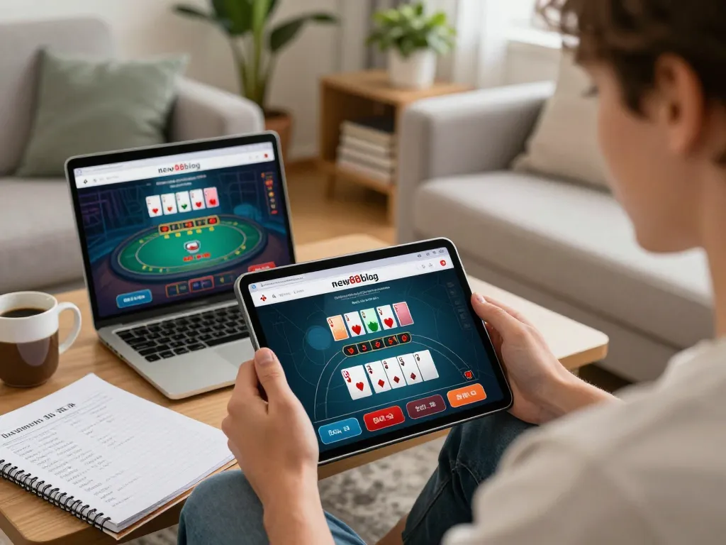Engaging gaming scene showcasing new88blog as a player's resource for online poker strategies