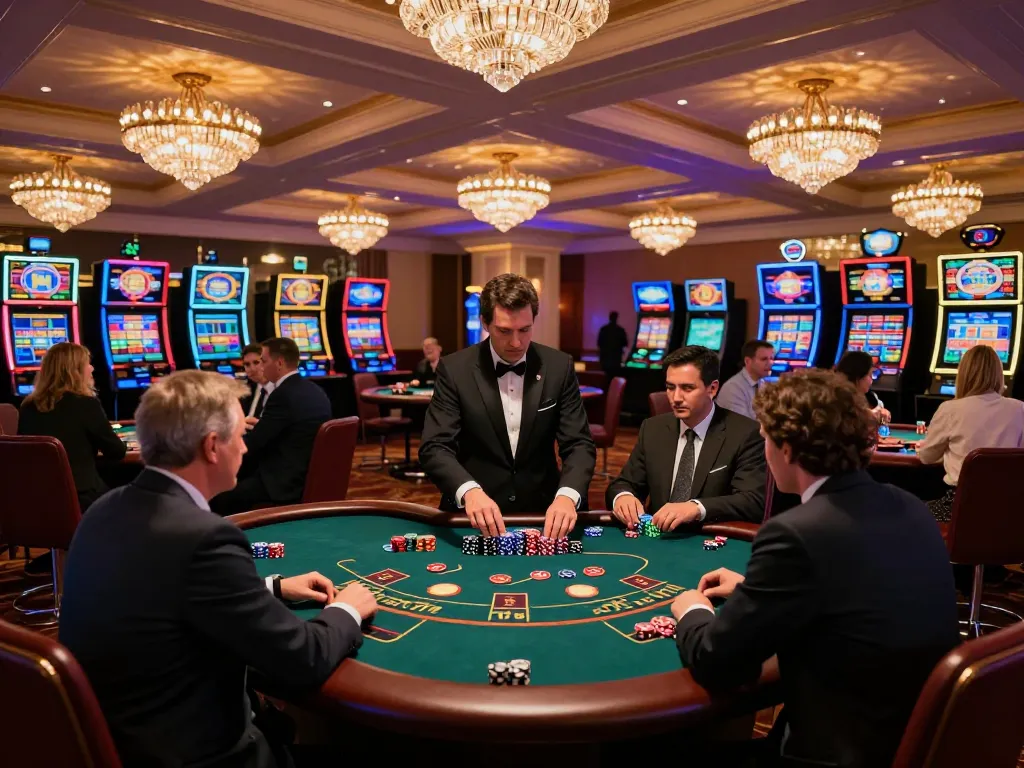 Players enjoying blackjack at 99Win casino, highlighted by vibrant ambient lighting and luxurious décor.