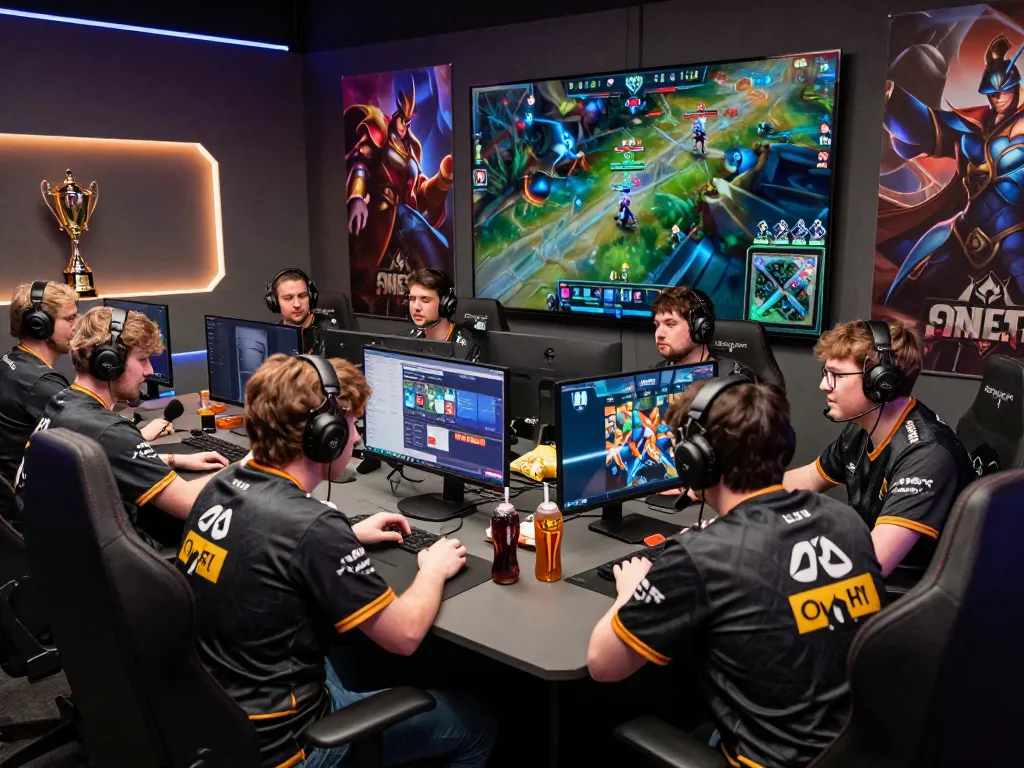 Exciting esports team engaged in intense Onbet LOL League of Legends match, showcasing competitive gaming atmosphere and camaraderie.