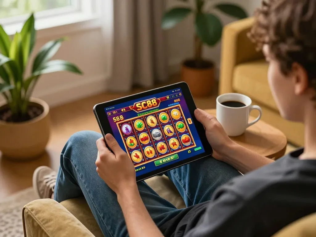 Player enjoying Nhà cái SC88 online slots from a cozy home gaming setup, promoting relaxed entertainment.