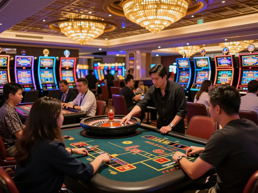 Surebetsg players enjoying an exciting roulette game on a vibrant casino floor with lively atmosphere.