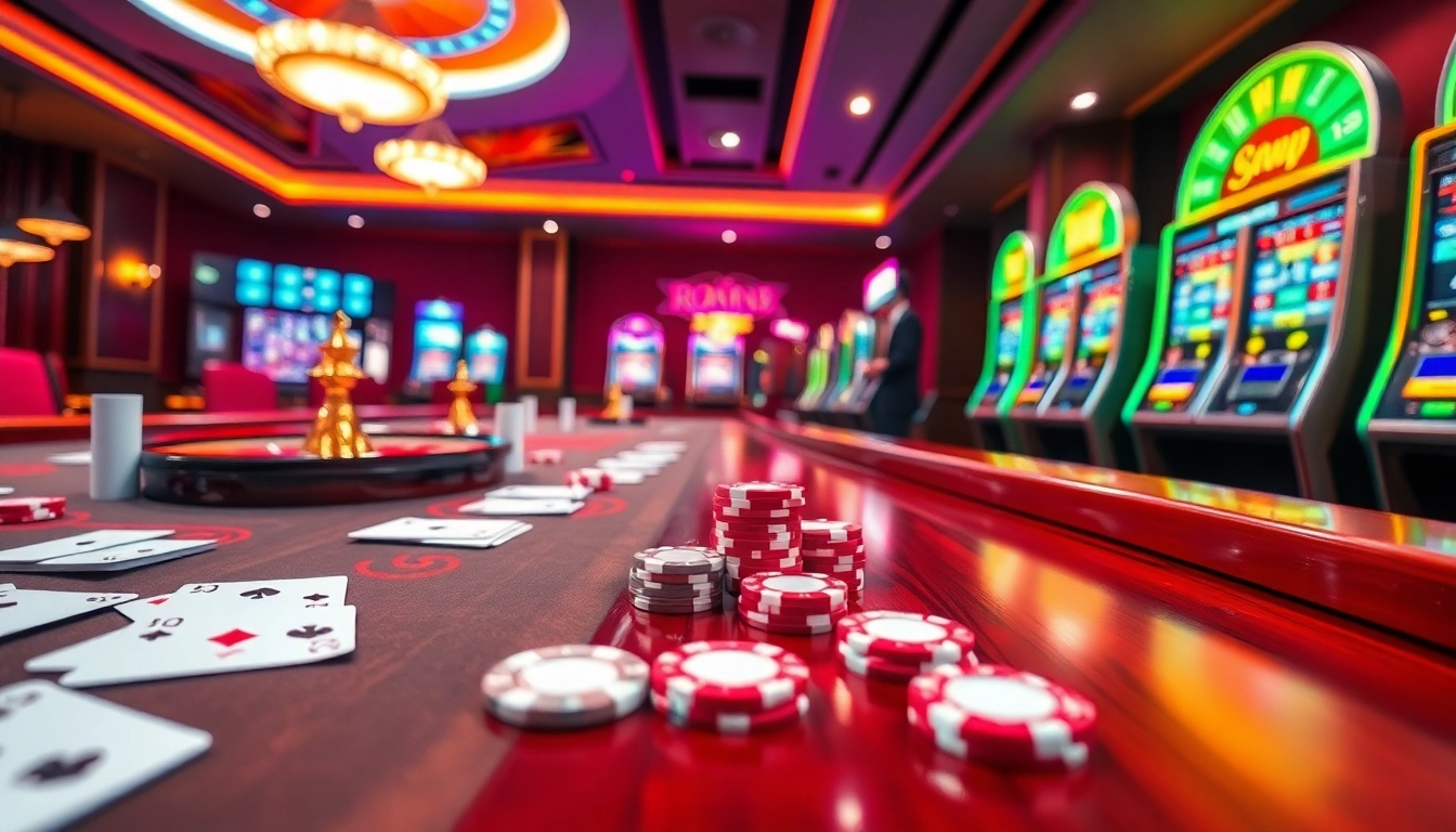 Experience the excitement of Liên minh OKATM with a luxurious casino scene featuring vibrant tables, roulette wheels, and poker chips.
