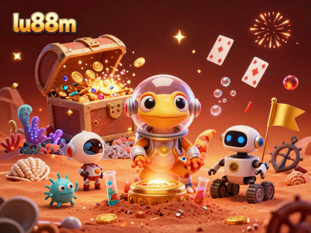 Engaging illustration of lu88m showing a Martian gecko discovering a golden casino along with treasure elements and confetti.