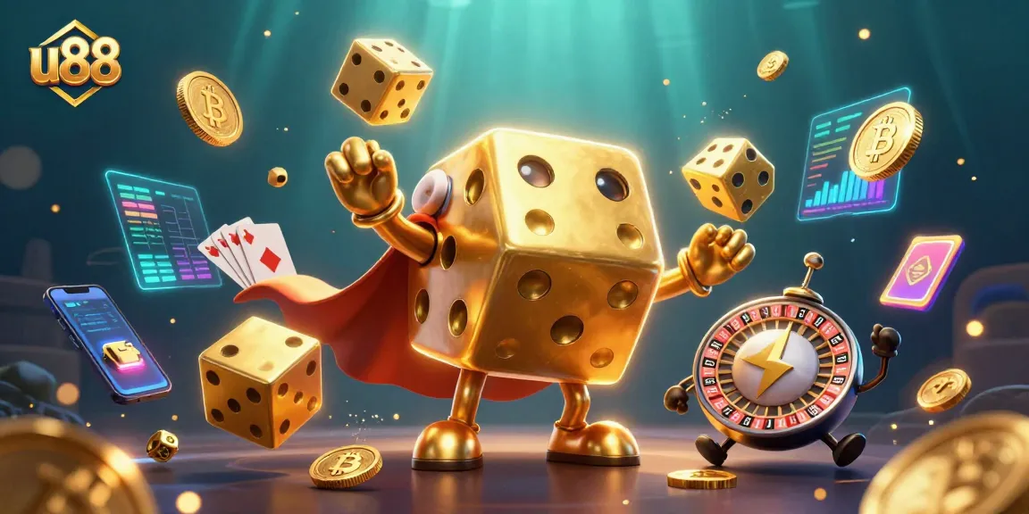 Experience thrilling gameplay with u88, featuring dynamic casino elements, golden dice, and crypto coins.