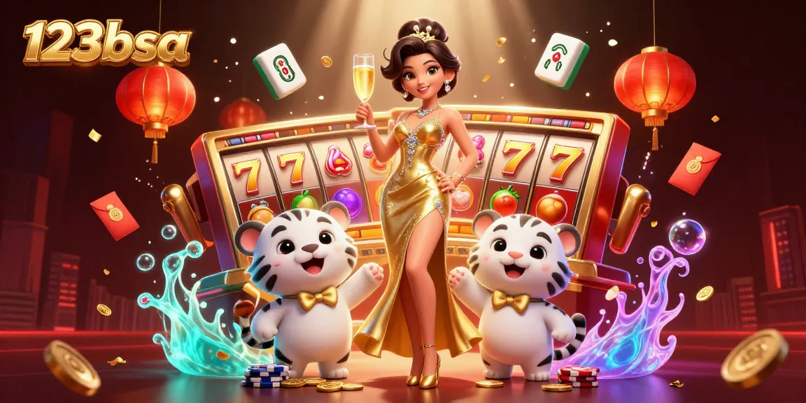 Engage in casino excitement with 123bsa featuring a glamorous woman and a lucky tiger amidst vibrant slot games.