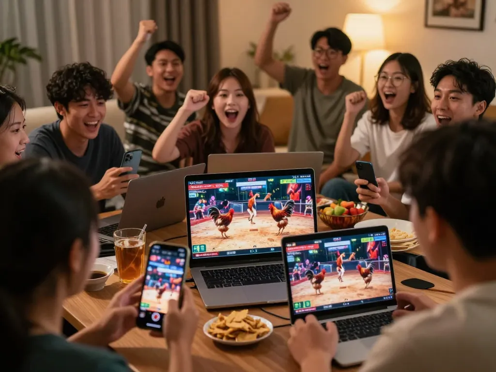 Khán giả đang thưởng thức truyền hình trực tiếp đá gà thomo HD trên nhiều thiết bị trong một sự kiện đá gà kịch tính.
