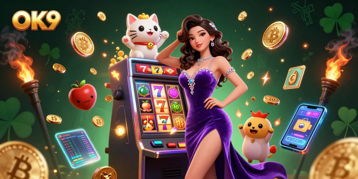 Win big at OK9 with a glamorous lady celebrating beside a jackpot slot machine, shining coins everywhere.