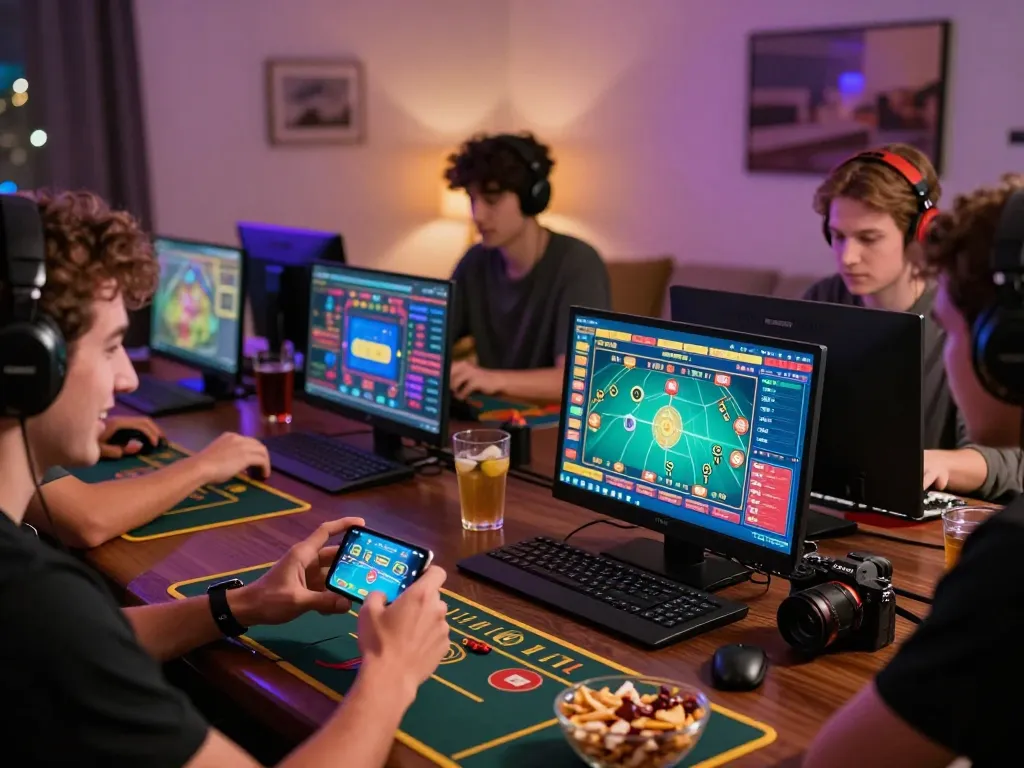 Engaged players using devices for online gambling at https://hapify.io/ with vibrant gaming atmosphere.