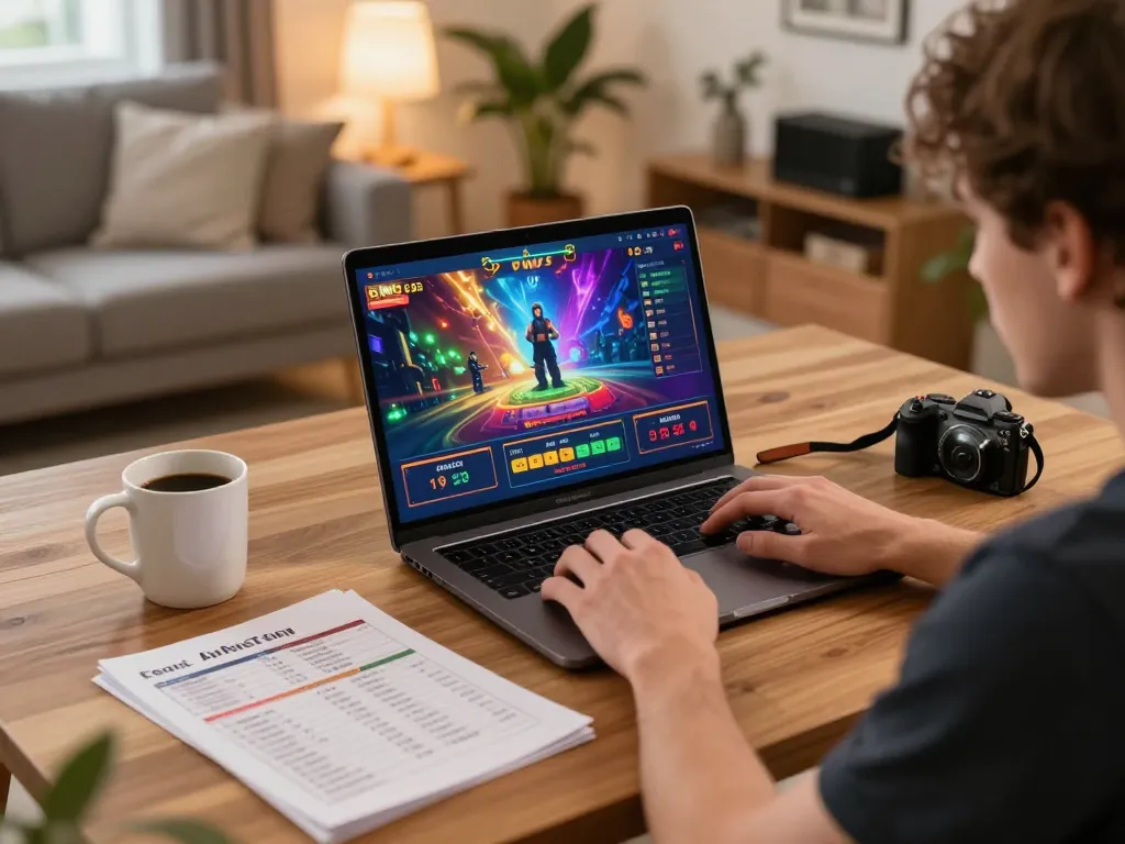 Player enjoying DW8 online gaming experience with vibrant interface on laptop, cozy home setting.
