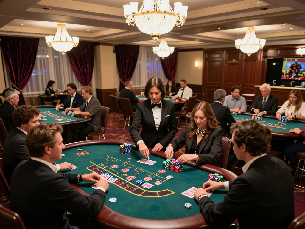 TWIN68 players enjoying an exciting game of blackjack amidst a luxurious casino setting.