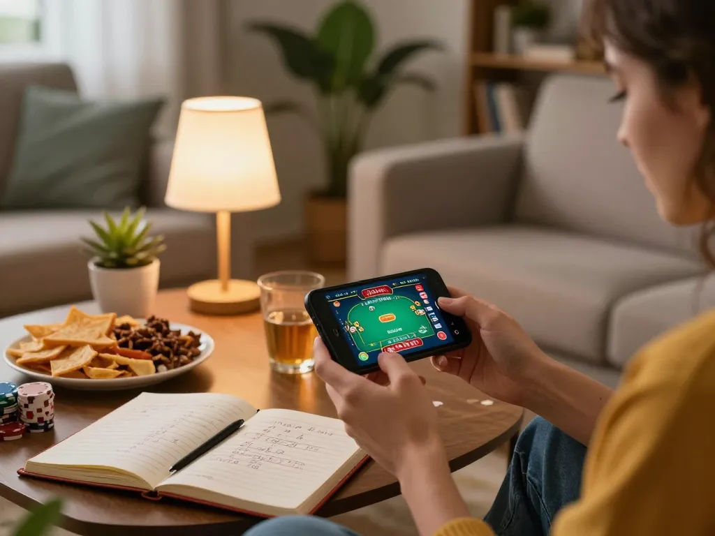 Engaging in online gaming with the S8 app on a smartphone while tracking poker strategies, promoting responsible gambling.