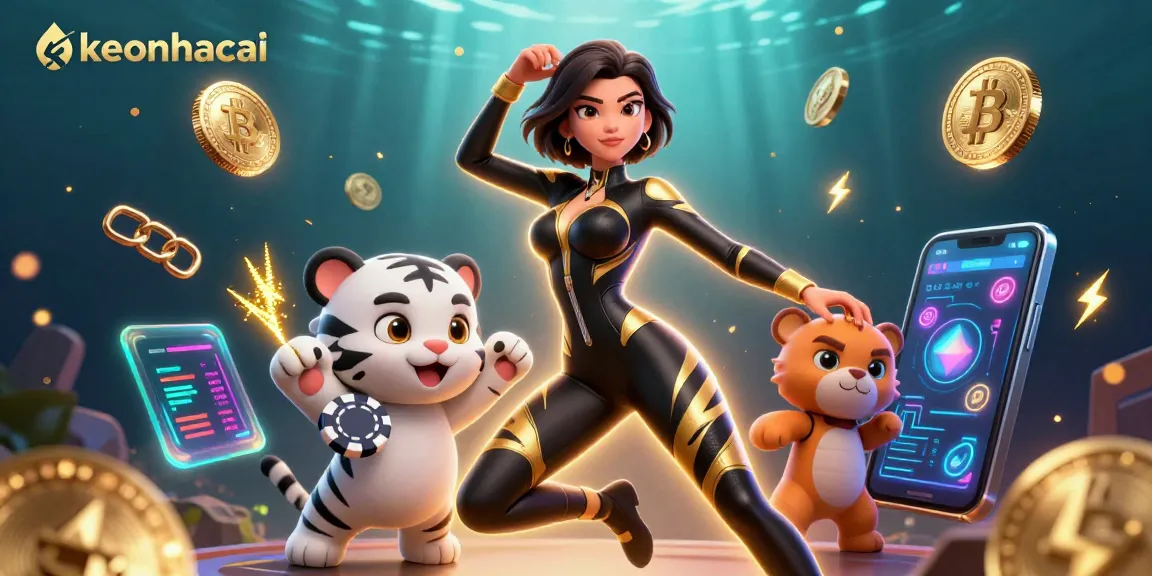 Win big with keonhacai while a stunning acrobat and tiger play under a casino-inspired scene.