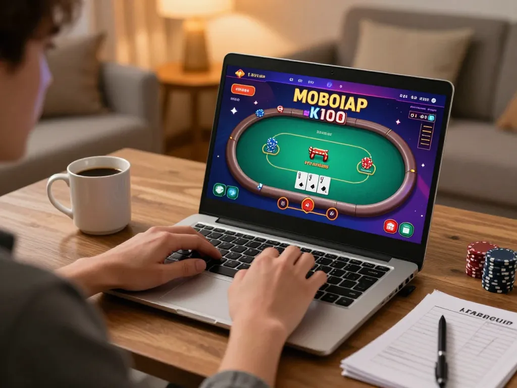 Kong88 player engaged in online gaming strategy at home, focusing on poker gameplay interface.