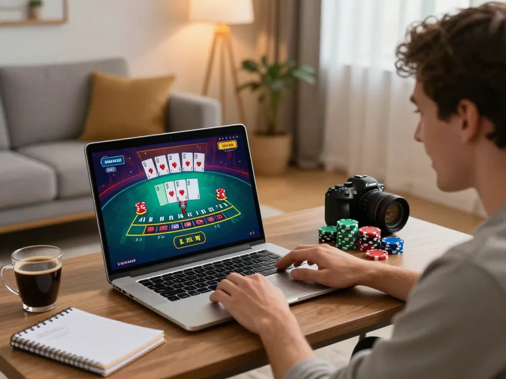 Player enjoying a live dealer blackjack game on their laptop at home, engaging with 88xeng online casino.