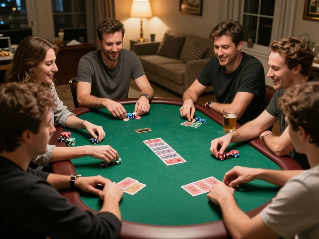 Engaging poker night at home with friends analyzing kèo nhà cái strategies around a table