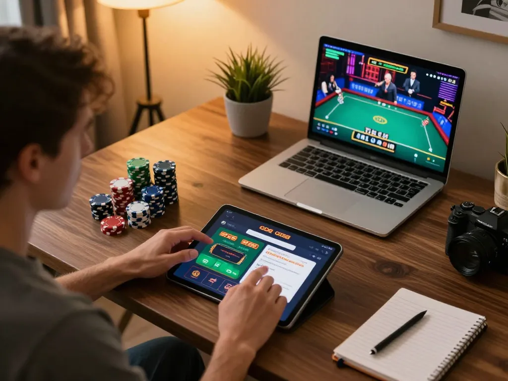 Engaging with the GO8 casino app on a tablet during a home gaming session, showcasing vibrant poker chips.