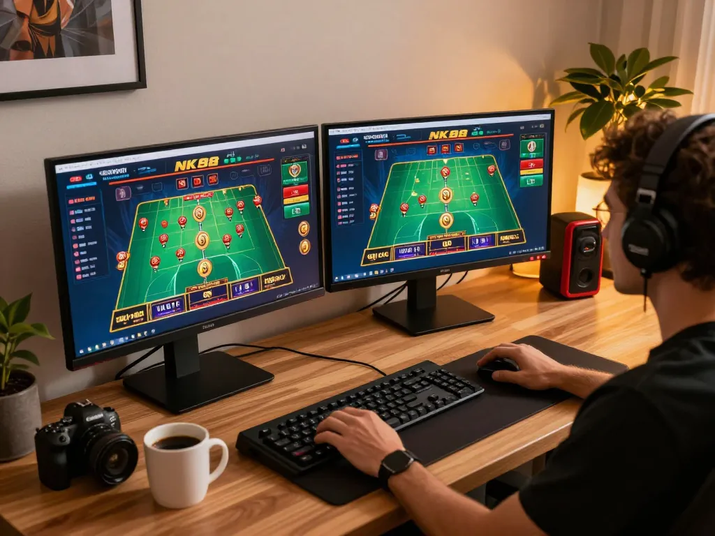 Experience NK88 online gaming with dual screen setup showcasing live dealer action.