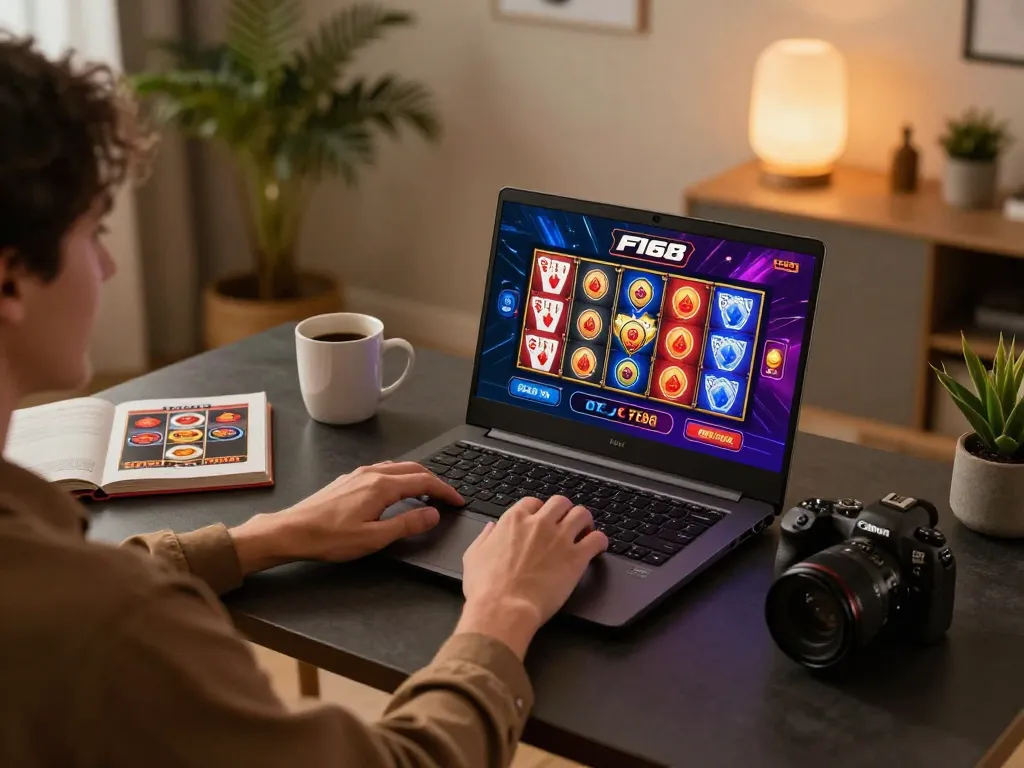 Person engaging in F168 online casino gaming on laptop with colorful game interface, showcasing a responsible gaming environment at home