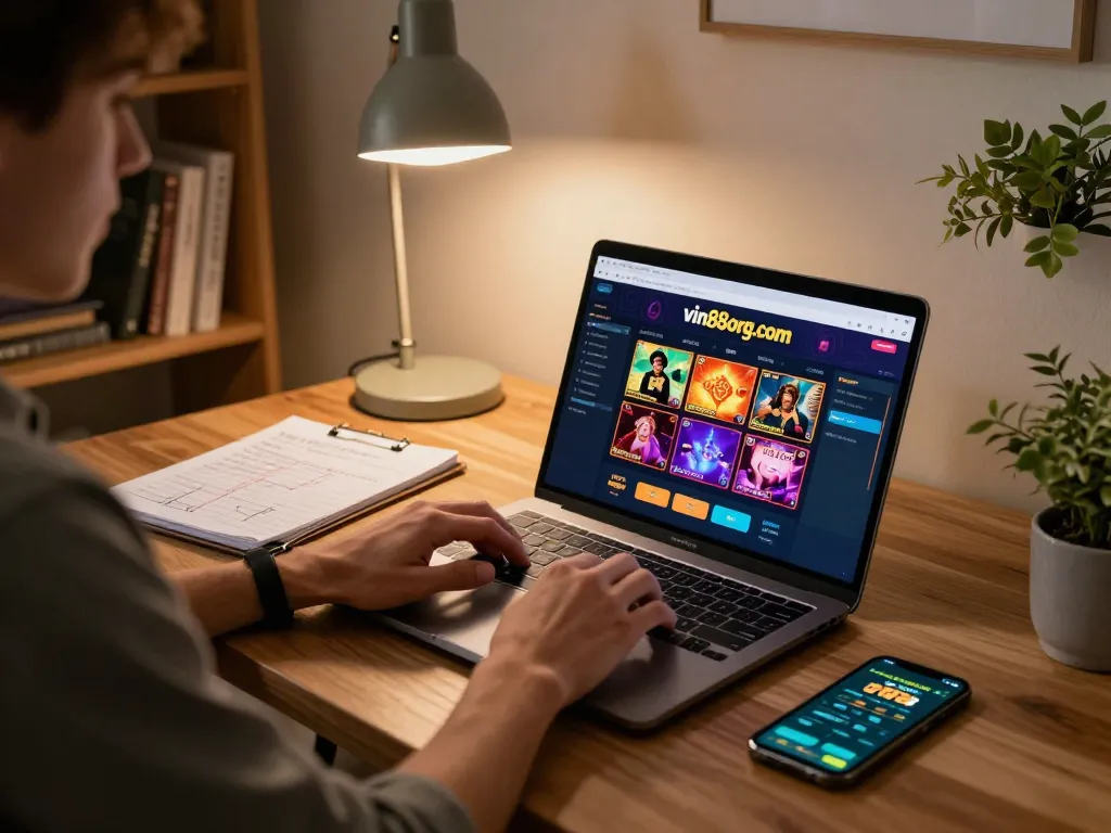 Engaged player strategizing online gambling at vin88org.com in cozy home setting
