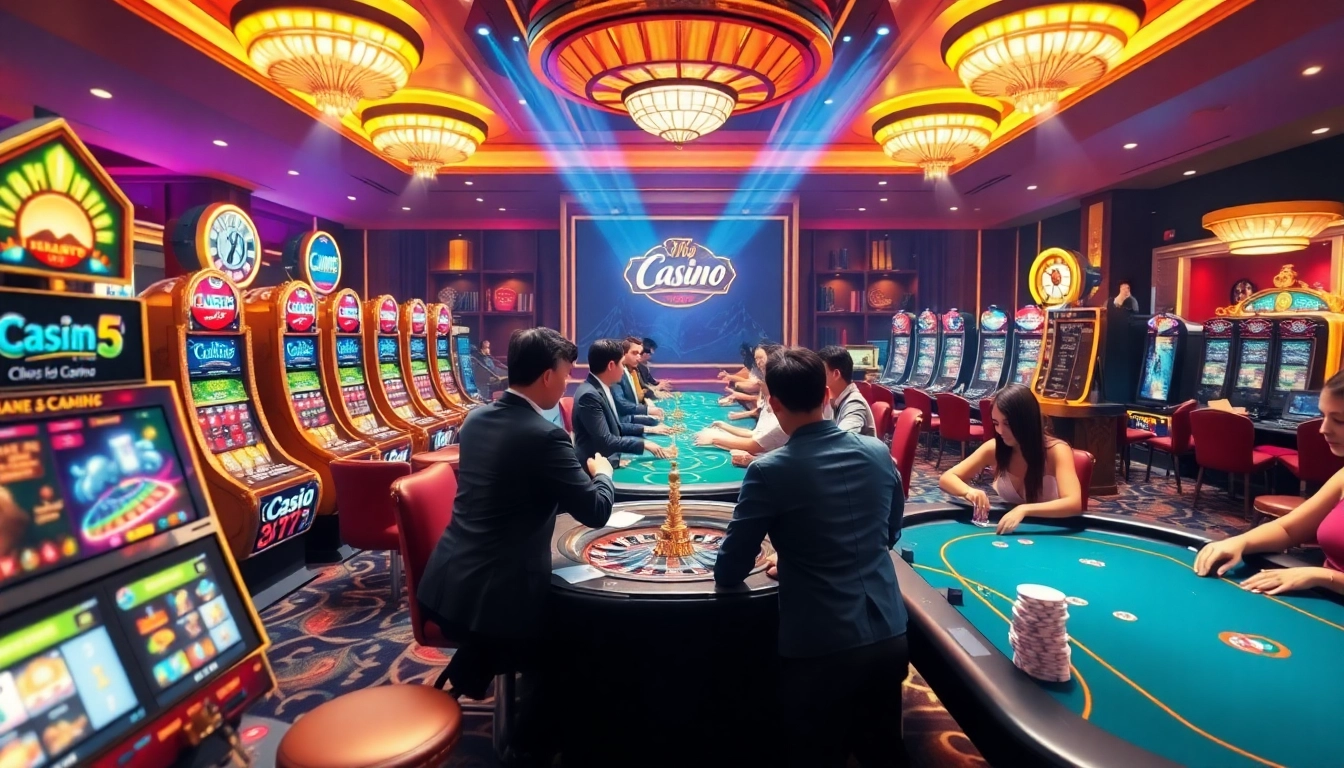 Players enjoying an exciting gaming experience at https://win88.cfd/ with vibrant casino elements like slot machines and poker tables.