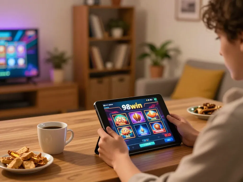 Player enjoying 98win slots on a tablet in a cozy home gaming setup with warm lighting.